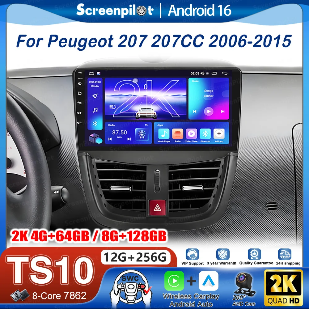 Radio para Auto Android 16 para Peugeot 207 207CC 2006 2007 2008-2015, Reproductor Estéreo para Auto, CarPlay, Autoradio, Pantalla Táctil, Wifi, 8 Núcleos