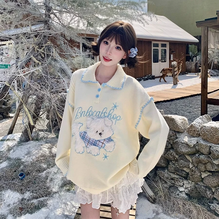 Sweet Lolita Girls Japanese Kawaii Fluffy Puppy Polo Sweater, Soft Pastel Collar Knit Top for Women Thicken Winter Warm Tops