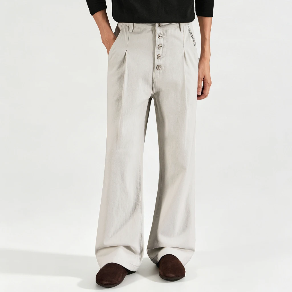 Multi Button Placket Casual Pant Men Fashion Vintage Loose Casual Heavyweight Micro Flared Pants Male Commute Trousers