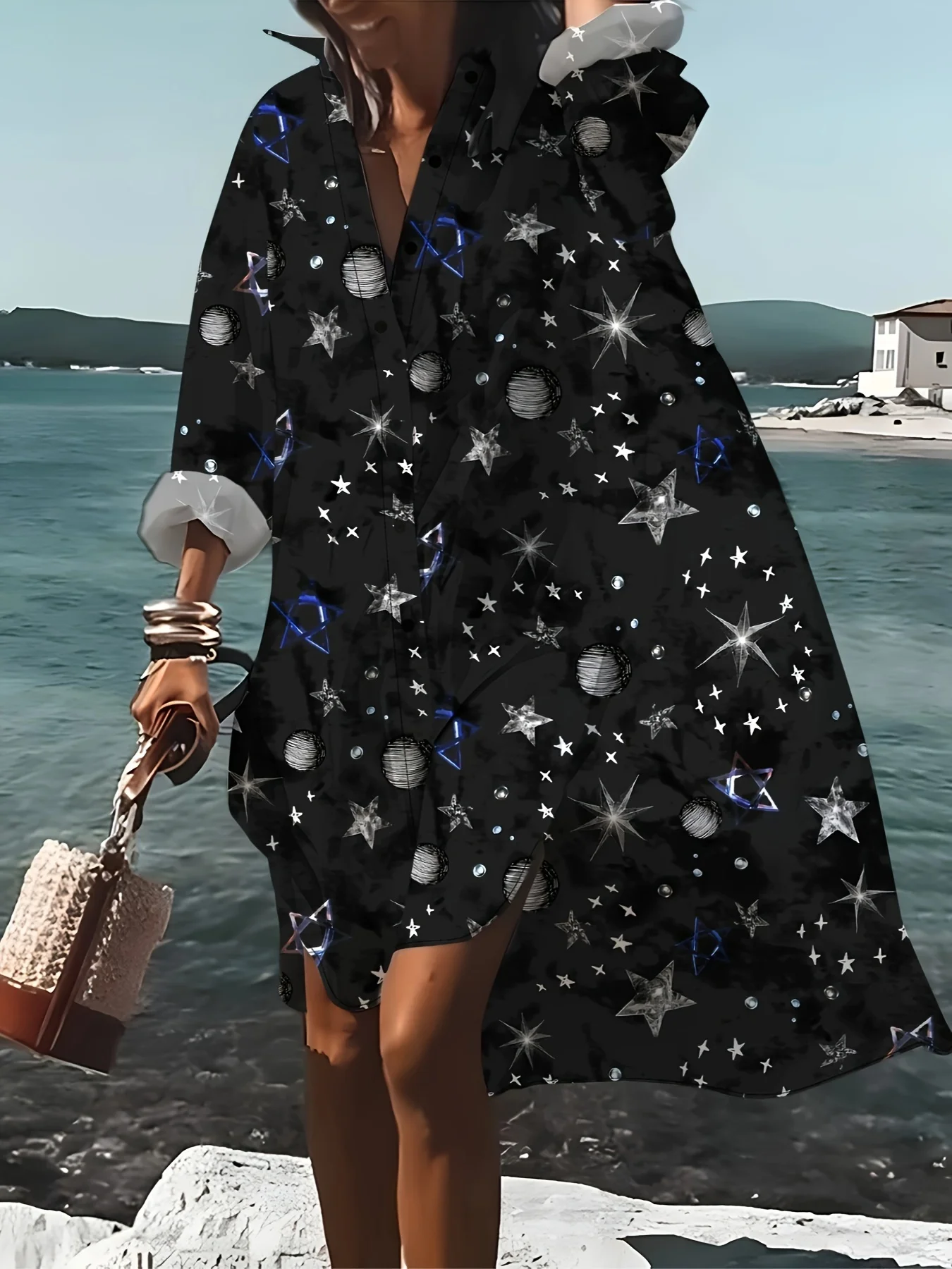 Langärmliges Hemdkleid für Damen, lässiger Urlaubsstil, übergroßes Kleid mit Knopfleiste, lockere Passform, Sommer- und Herbstmode, A-Linie