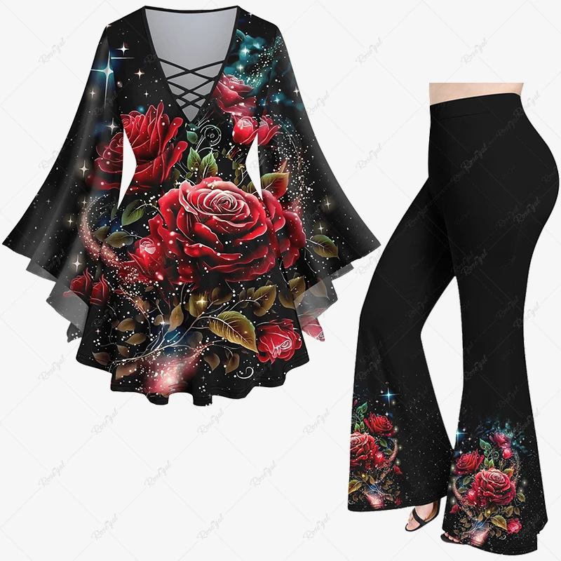 

Women's New Daily Casual Matching Set Rose Flowers Star Glitter Sequin 3D Print Crisscross Flare Sleeve Top Or Flare Pants