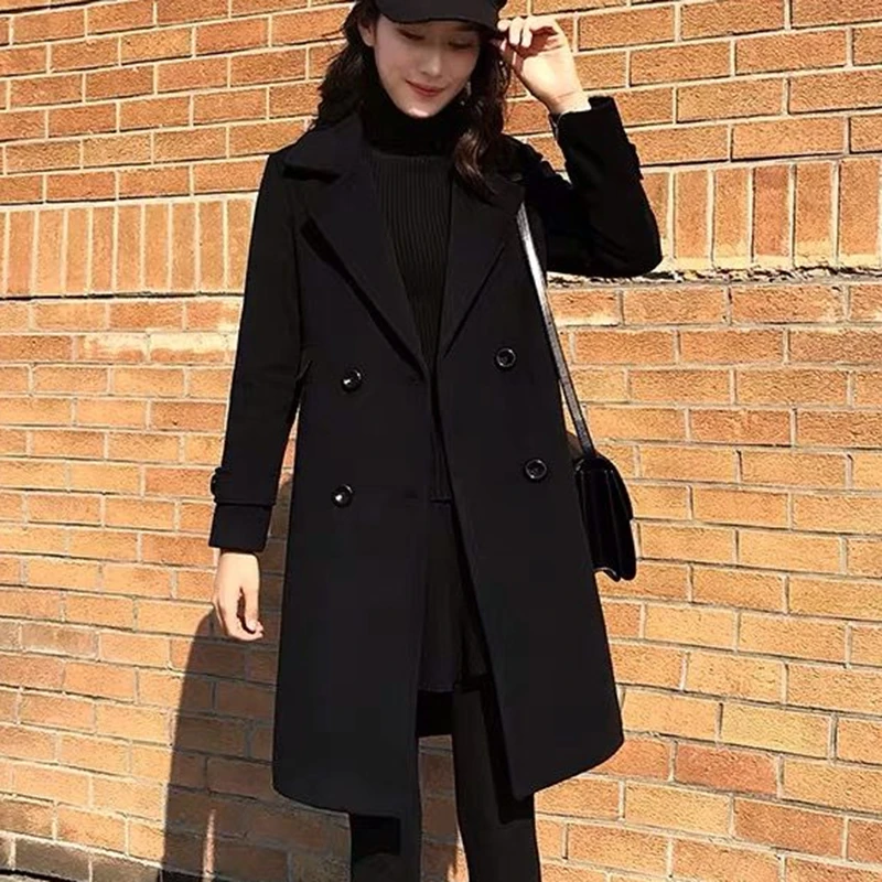 Women Autumn Winter Black Woolen Coat Female Suit Collar Korean Fashion Wool Blend Overcoat Mid Length Add Cotton Warm Jacket