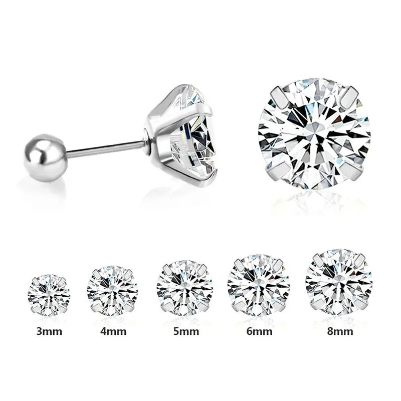 Piercing 2Pcs Shiny Crystal Zircon Stud Earrings For Women Men, Round Beads Screw Back Tiny CZ Ear Jewelry Stainless Steel 3-8mm