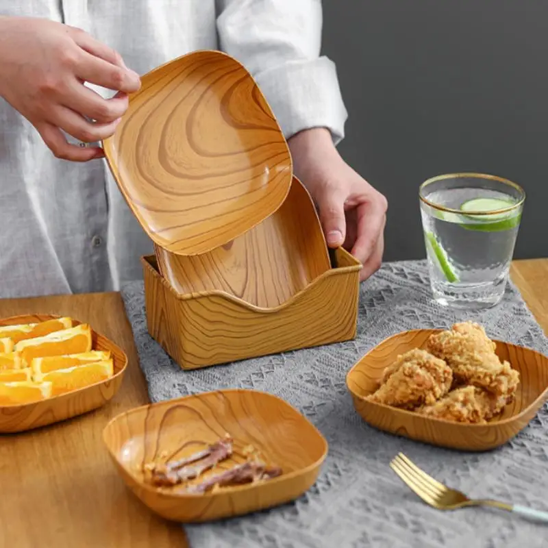 Imitation Wood Grain Serving Dishes BPA Free Shatterproof Perfect For Home Holding Snacks Fruits And Bone Waste