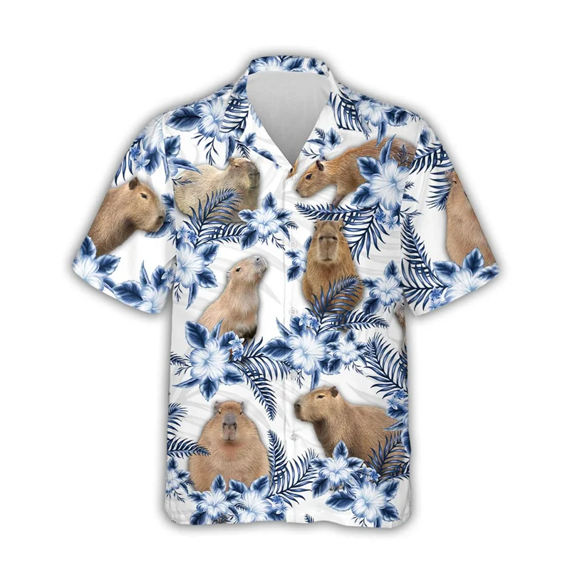 Animal Cute Capybara Graphic Shirts for Men Clothing 3D Printing Hawaiian Beach Shirt Short Sleeve y2k Tops Clothes Lapel Blouse