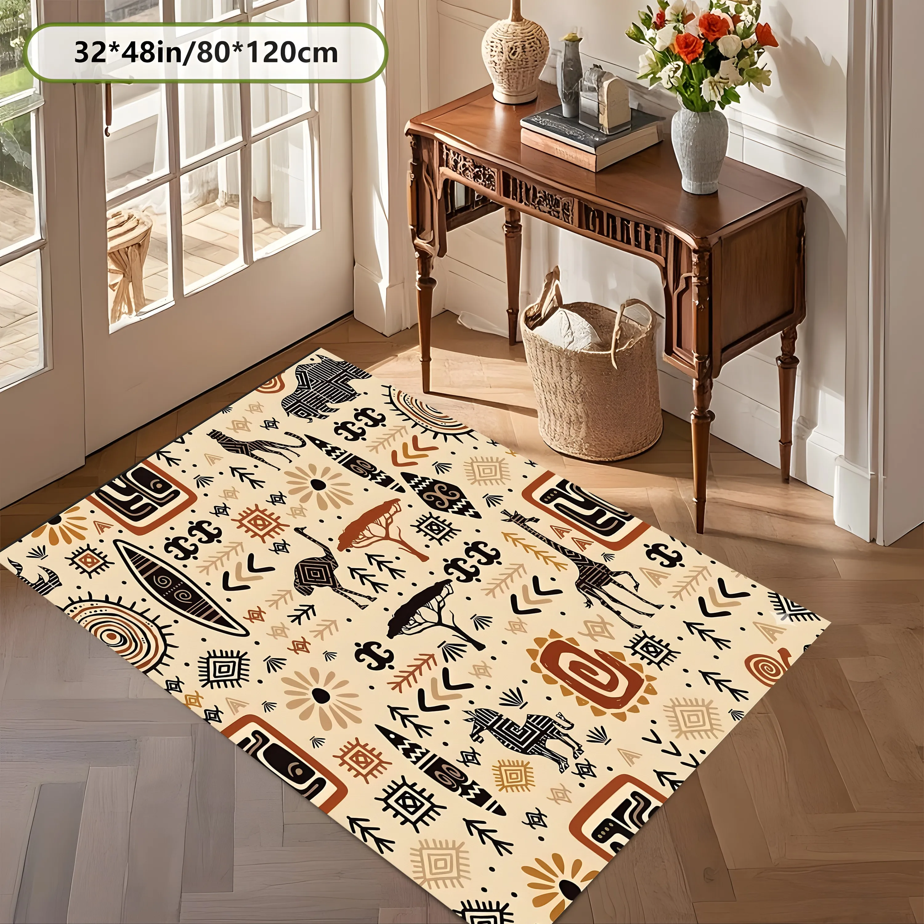 2D Carpet with Retro Tribal Totem Animal Pattern in Exotic Ethnic Style for Living Room and Bedroom