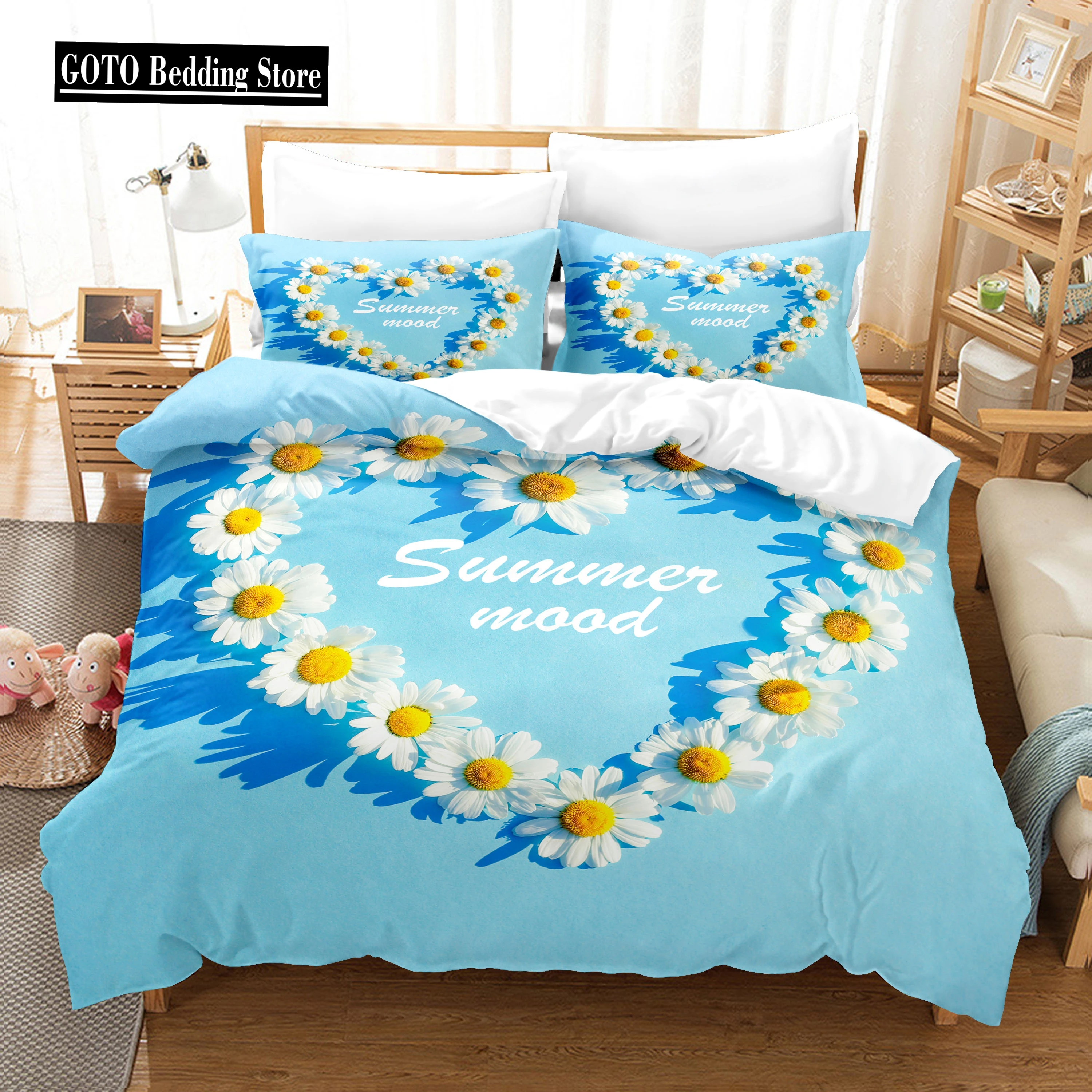 

Chrysanthemum Duvet Cover Set Queen Size Bedding Set Stylish Decor Pastoral Comforter Cover+Pillowcases Blossom Soft Microfiber