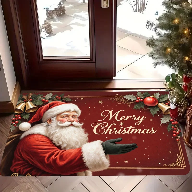 Santa Claus Merry Christmas Doormat, Bell Holly Berry Printed Floor Rug, Indoor Holiday Entrance Decor