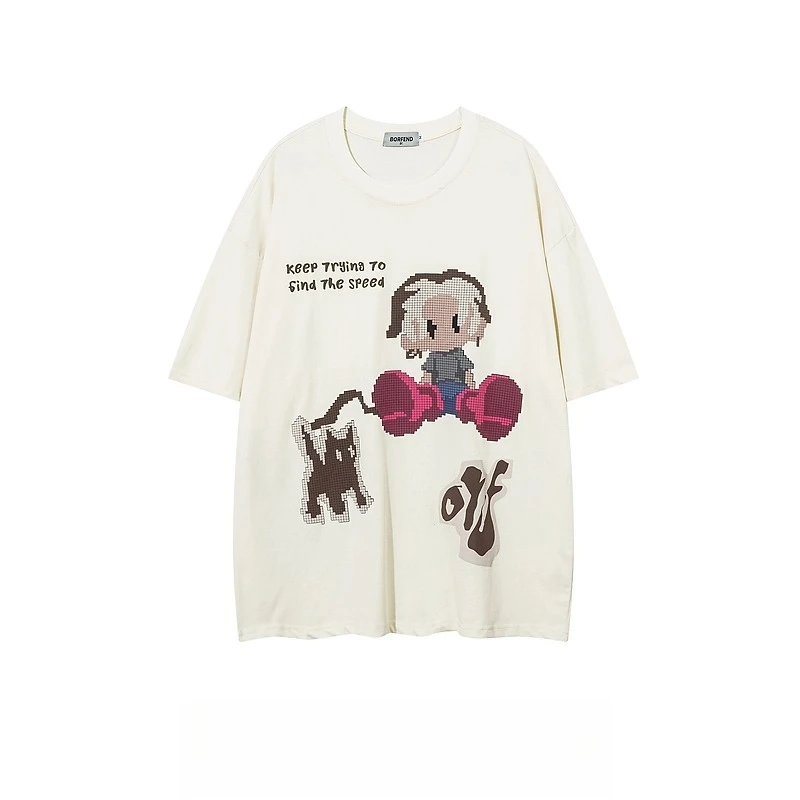 Summer New American Style Cartoon Print Men's Round Neck Short Sleeve Black Apricot T-Shirt Loose Casual Couple Rose Red T-Shirt