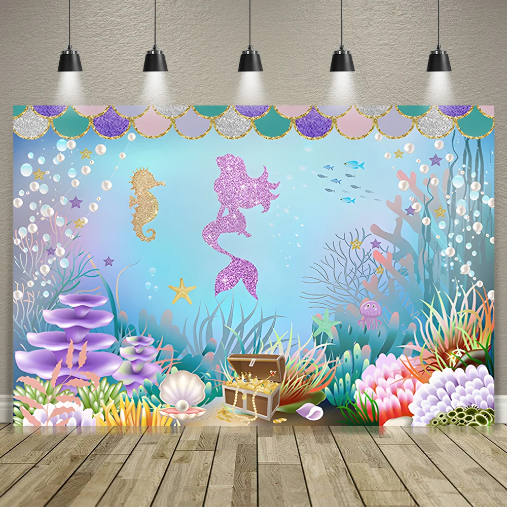 Mermaid Theme Backdrop Banner Girl Birthday Party Photography Background Wedding Party Baby Shower Decoration Photo Studio