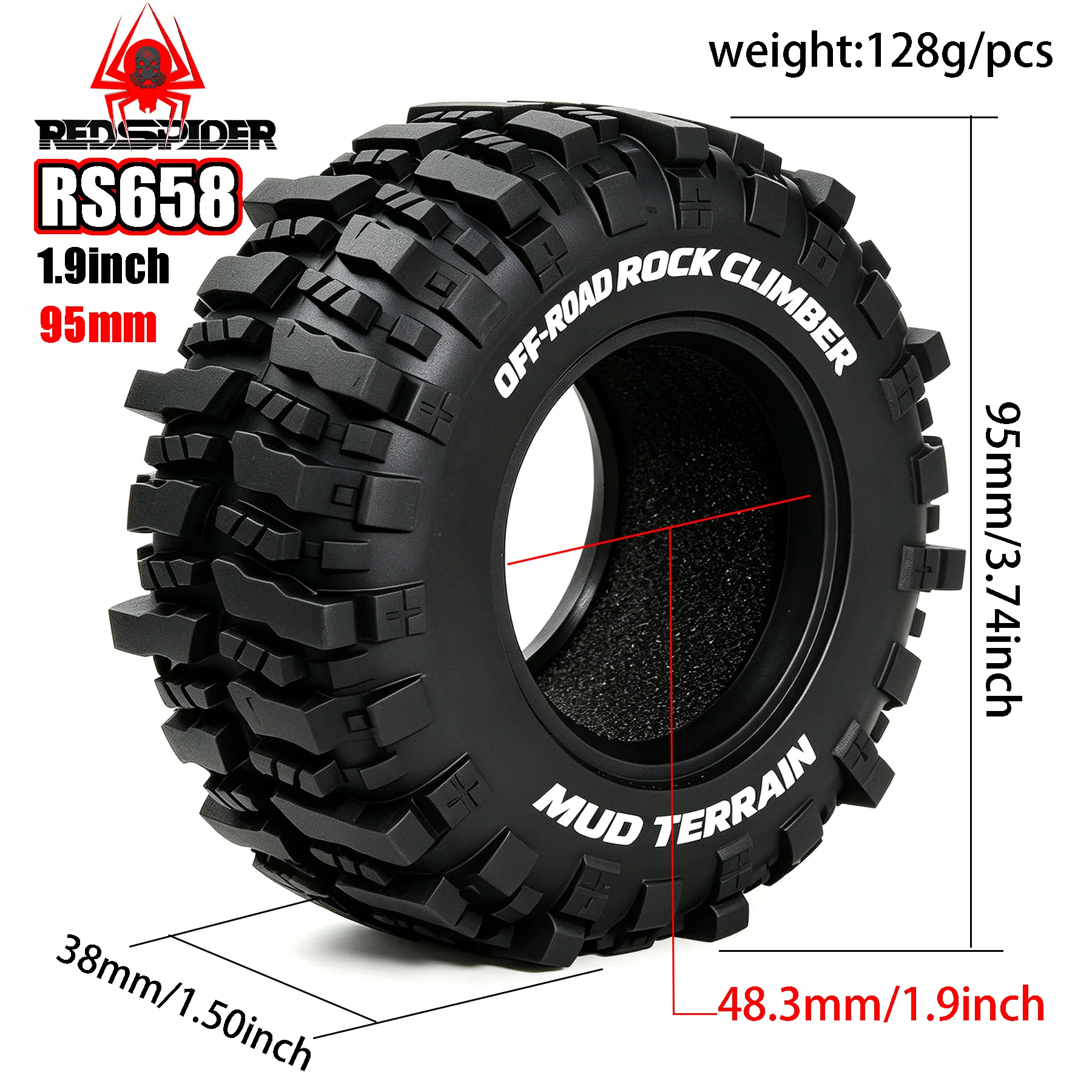 RED SPIDER 4Pcs 95mm 1.9 Inch RC Rubber Tires  Mud Terrain Off Road Tyres For 1/10 RC Crawler Traxxas TRX4 TRX6 SCX10 Capra AX10