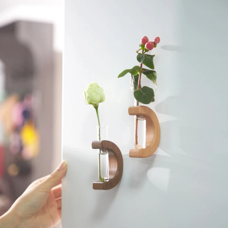 Solid Wood Test Tube Flower Arrangement Fridge Magnets Creative Wall Decoration Plant Breeding Refrigerator Sticker