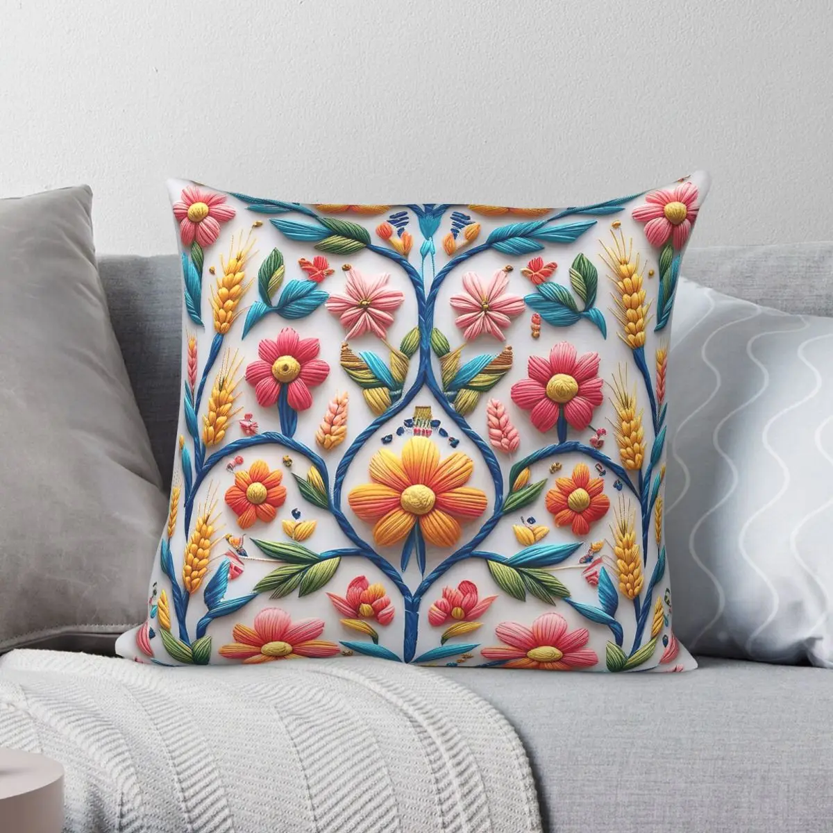 Ukrainian Cross Stitch Leaves Flowers Square Pillowcase Polyester Linen Velvet Printed Zip Throw Pillow Case Home Cushion Cover