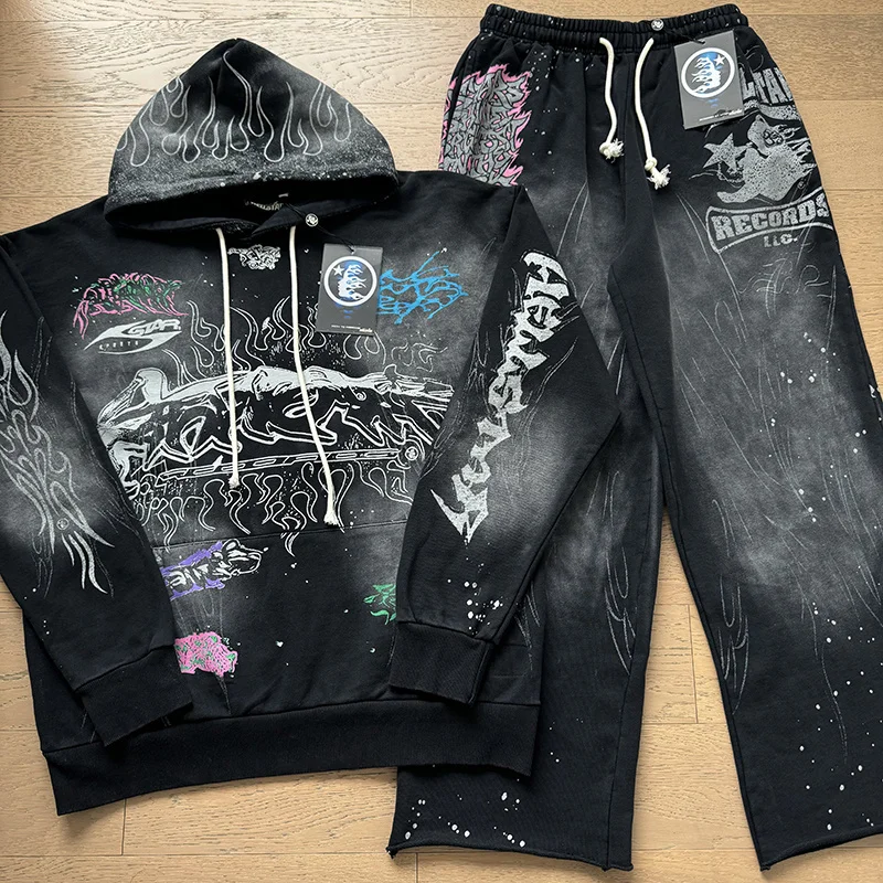 

Heii Hell Star fiti Толстовка с капюшоном и надписью со стразами, комплект прямых брюк, модные молодежные длинные брюки све