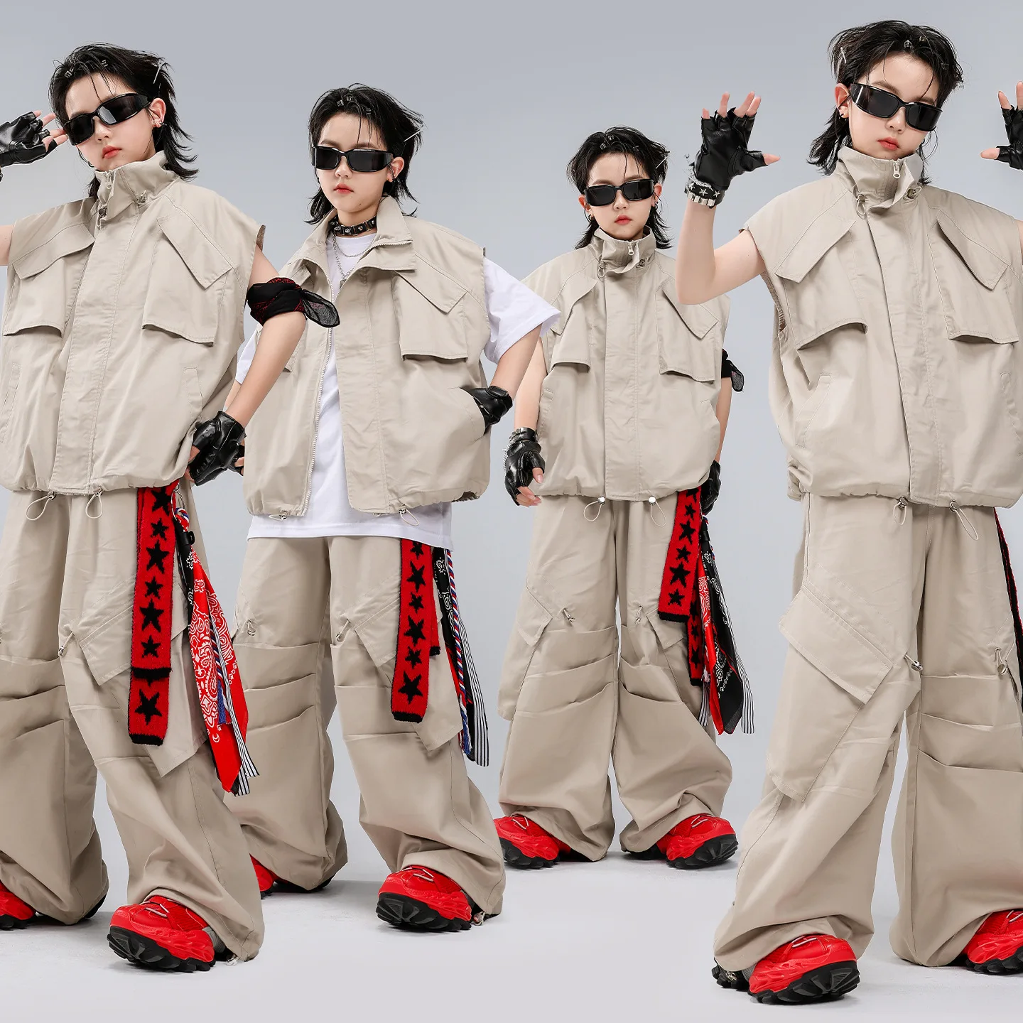 New Boys Hip Hop Dance Costume Gray Vest T Shirt Cargo Pants Set Cool Street Dance Performance Clothing Long Sleeves Drum Outfit