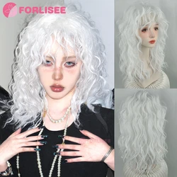 FORLISEE  White Wool Curly Layered With Bangs Synthetic Halloween Role-playing Party High Temperature Silk Medium-length Wig