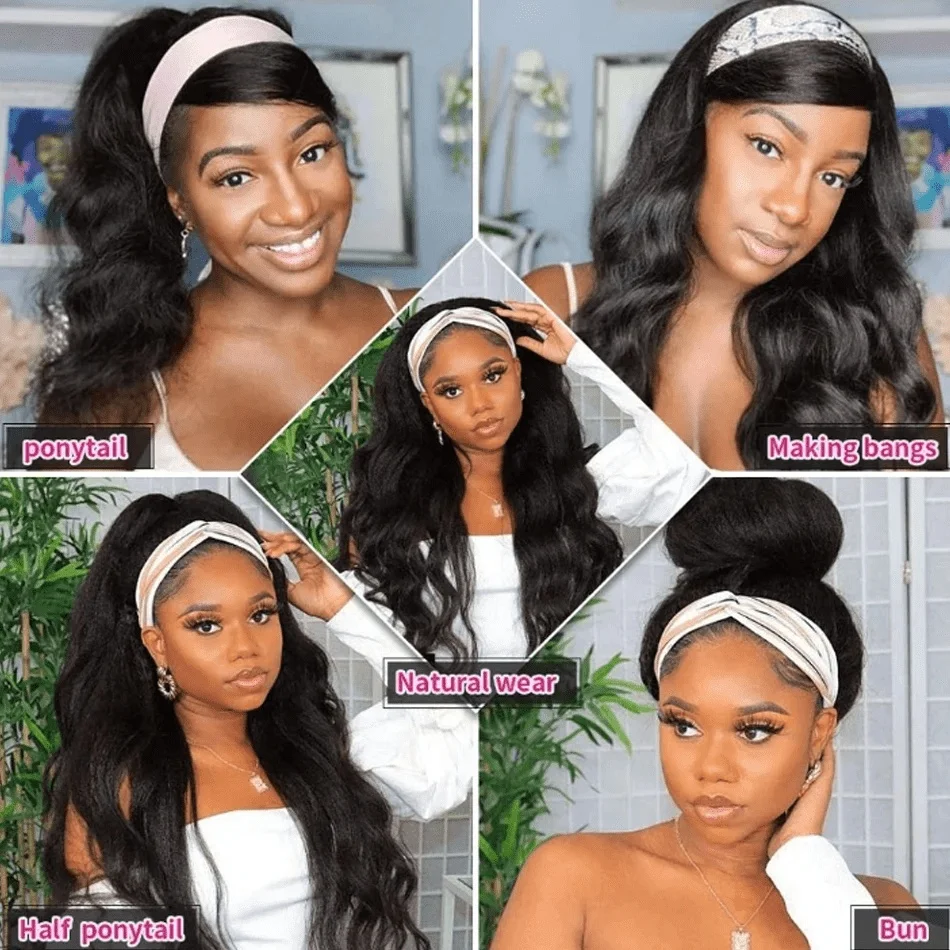Headband Wig Human Hair Body Wave 16 Inch Glueless None Lace Front Wig Brazilian Virgin Hair Wear And Go Wigs For Women 200% Density Wigs Natural Black Color - view 7