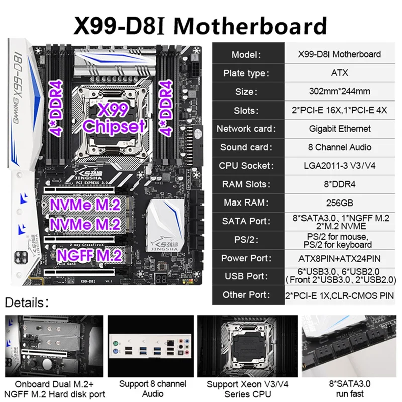 JINGSHA Motherboard Gaming X99-D8I, memori DDR4 untuk LGA2011-3 V3V4 empat saluran X99 mendukung banyak game M.2 WIFI