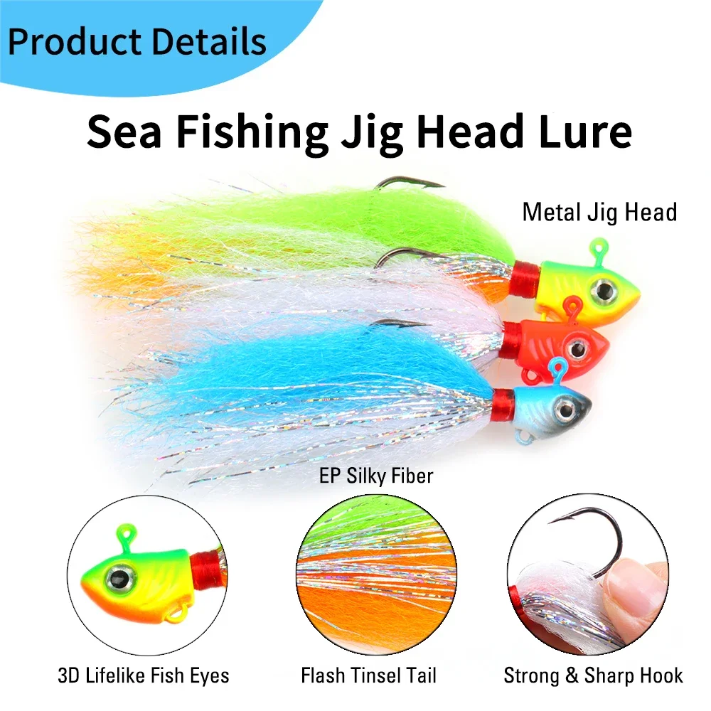 10g 15g 20g Fast Sinking Fishing Jig Head Lure Hook Artificial  Bait with Fiber Flasher Bass/Freshwater/Saltwater Fishing