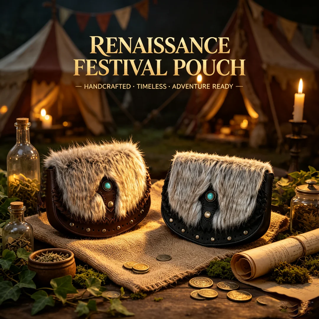 Medieval PU Leather Waist Bag with Fur Antique Copper Wallet Renaissance Halloween Role-playing Costume Prop for Men