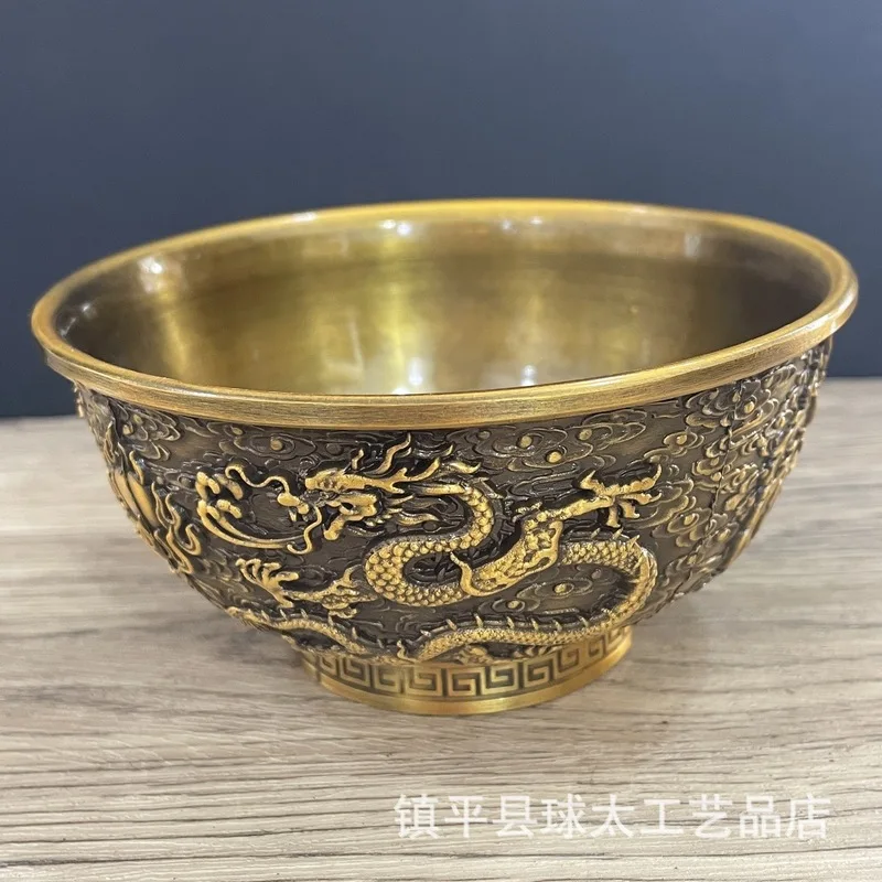 Antique Collection: Qianlong Era Gilt-Plated Relief Double Dragons Playing with Pearls, Bronze Bowl, Home Decor
