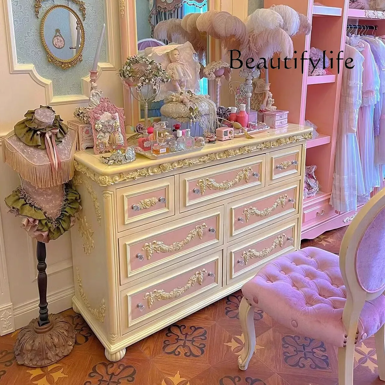 

French solid wood carving flower retro seven chest cabinet European storage locker American pink dressing decorative cabinet