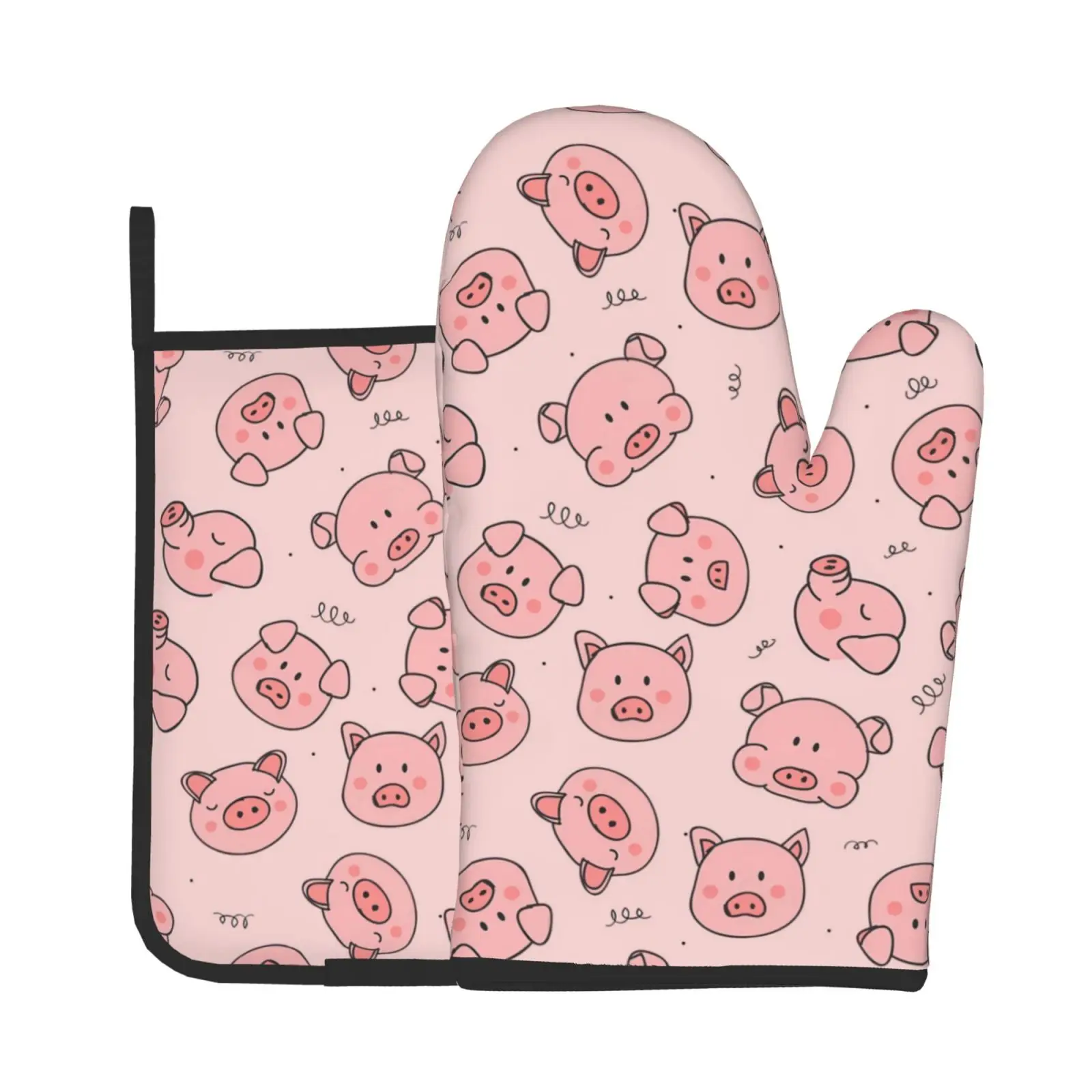 Pink Pig Heat Resistant Oven Mitts and Pot Holders Sets Non Slip Kitchen Gloves Hot Pads with Inner Cotton Layer for Cooking BBQ