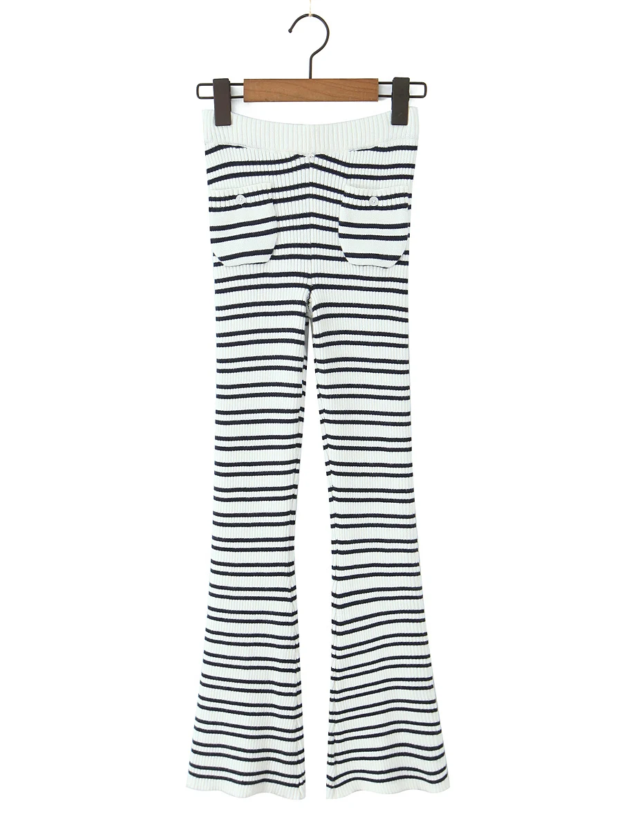 American Hot Girl Indigo White Stripes Knitted Casual Set High Waist Slim Fit Zipper Hooded Top Butt Covering Long Pants Trendy