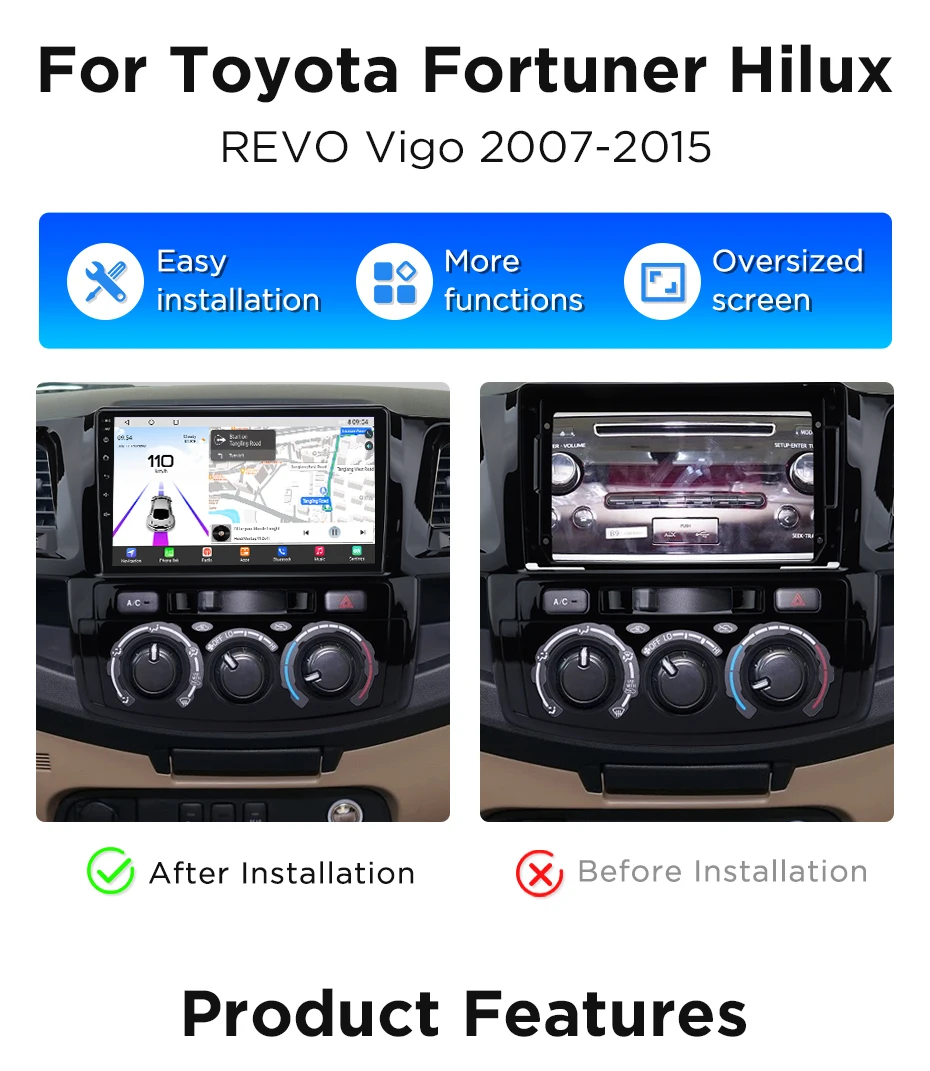 Junsun 360° ° Panoramakamera-Autoradio für Toyota Fortuner Hilux Revo Vigo 2007–2015 Wireless CarPlay Android Auto Stereo GPS – Detail 4