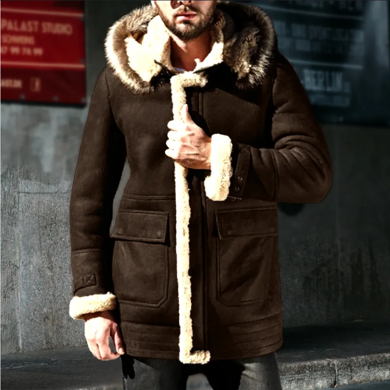 

Man Jacket Winter Fashion Thicken Fleece Patchwork Hooded Male Plush Coat Windproof Mid Length Long Sleeve Pocket Men Outerwear