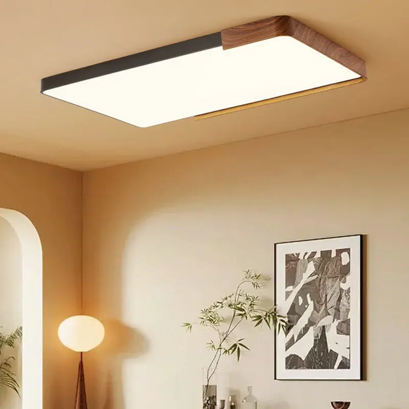 Modern Wood Grain LED Ceiling Light Rectangular Ultra‑Thin Ceiling Lamp Minimalist Flush Mount Light Fixture for Living Room Bed