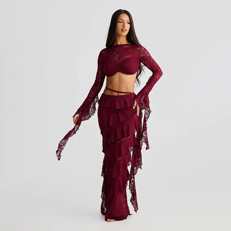 

O-Neck Multilayer Lace Women's Evening Dress Ribbon Exposed Waist Bandage Gown Backless Hollow Party Skirt New Arrival In Stock
