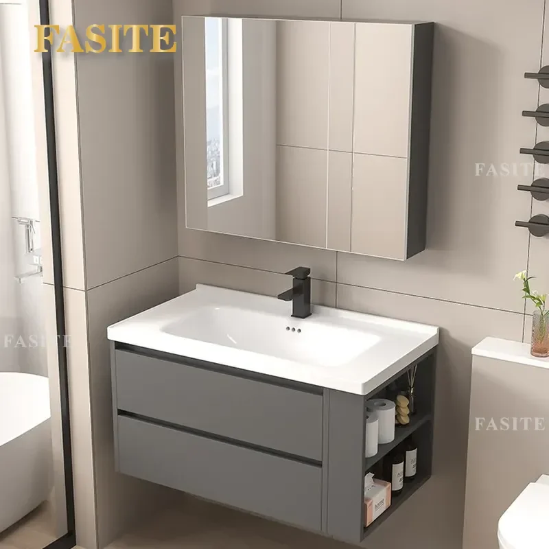 For Bathroom Wall Mounted Washbasin Cabinet Double Drawer Ceramic Integrated Sink Full Mirror Vanity Unit Space Saving