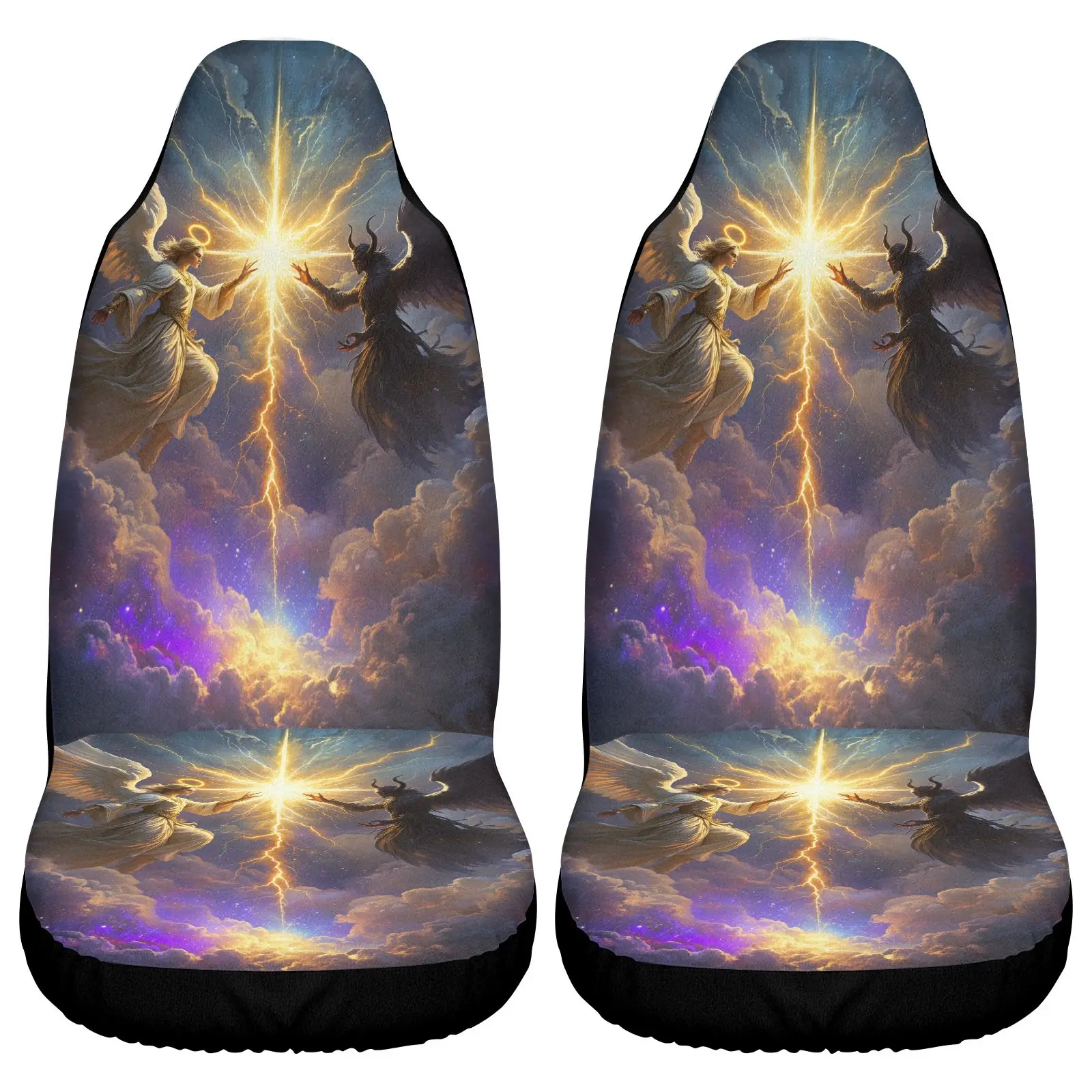 Set Of 2 Car Seat Covers | Black Mythical Angel Design With Lightning Sky Print For Vehicle Interior Decoration, Ideal For Birth