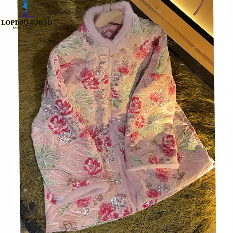 Women's Chinese Style Small Pink Sequined Cotton Jacket Autumn Winter New Fashionable Casual Coat for Ladies