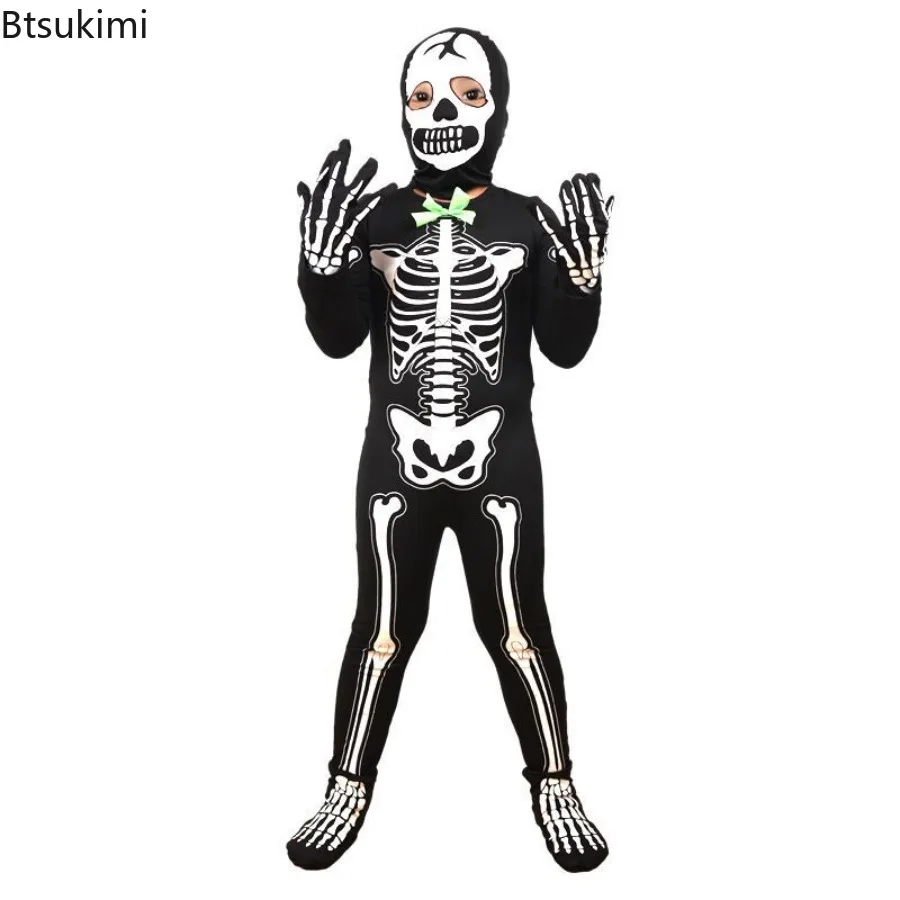 Kids Halloween Skeleton Costume Glow in The Dark Bone Jumpsuit Mask Party Dress Up Scary Outfit for Cosplay Performance Carnival view 2