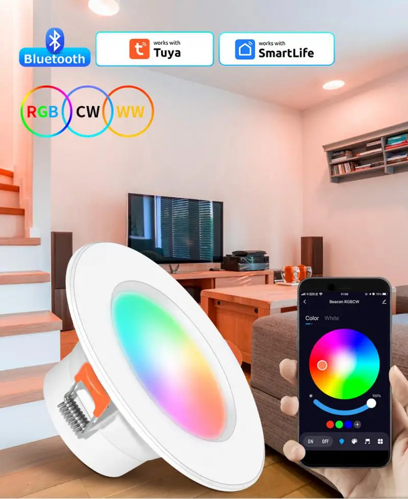 Tuya Bluetooth-Compatible Downlight Colorful Spot LED Lamp Recessed Round Light Work With Smart Life Alexa Google Home