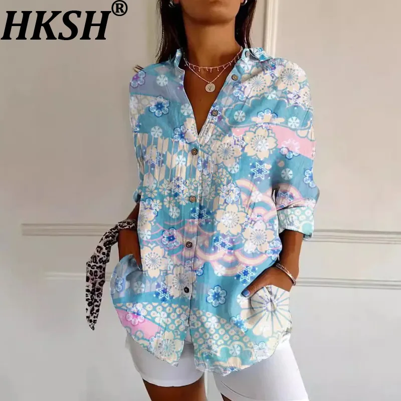 

HKSH 2026 Spring Summer New Women Shirt Three Quarter Sleeve Printed Single Breasted Turn-down Collar Casual Blouse Tops HK17194