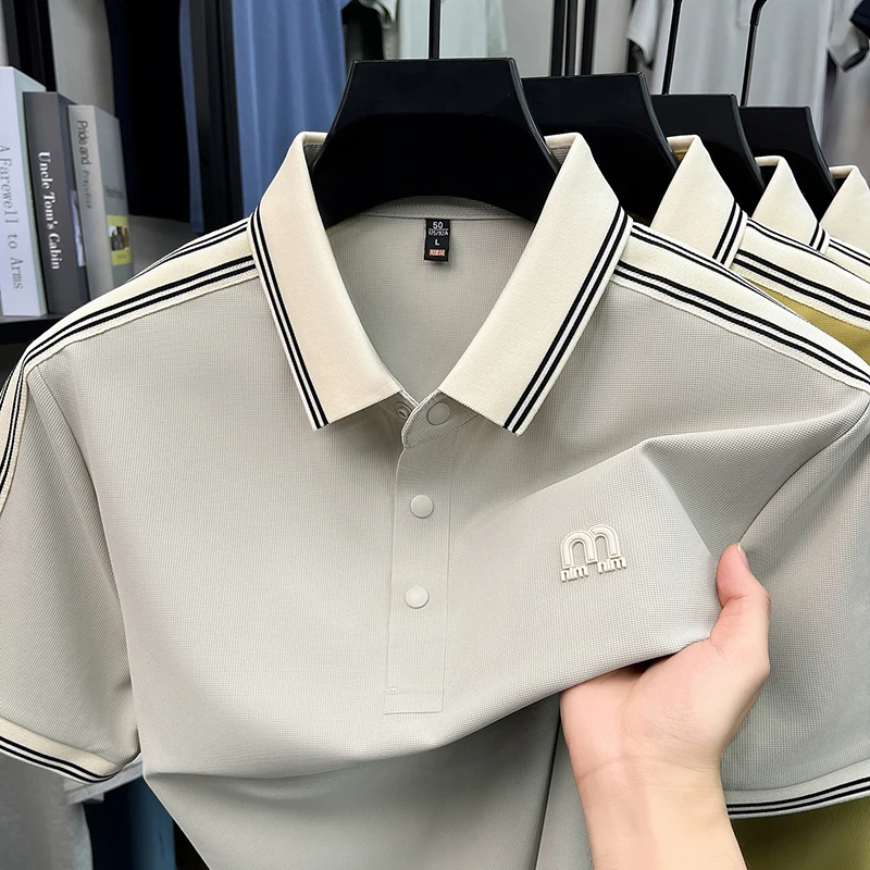 2026 New Men's Short Sleeved Lapel Polo Shirt Summer Breathable Contrasting Striped Business Casual Versatile Top