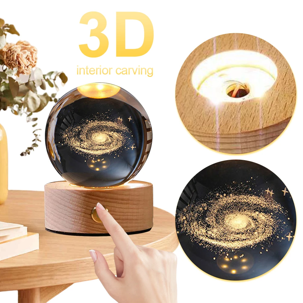 3D Astronomy Space Night Lamp with Wooden Base Engraved Crystal Ball Light USB Rechargeable 350mAh Birthday Gifts for Boys Girls