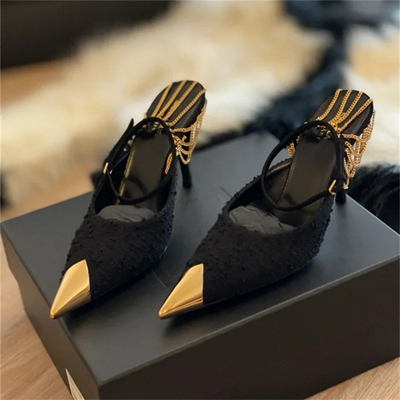 2023 Spring Summer Women\'s New Black Chain High-heeled Shoes Sexy Gold Metal Pointed Casual 6cm/9cm Slim Heel Sandals Size 41