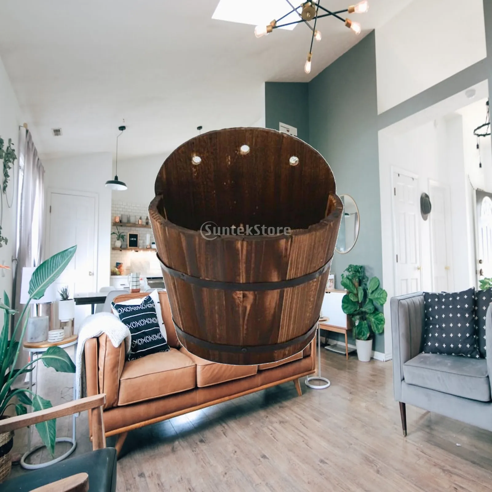 Hanging Wall Planter Wood Barrel Rustic Flower Pot for Balcony Railing Indoor and Outdoor Plant Display