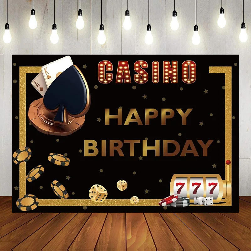 

Casino Happy Birthday Party Poker Dice Red Curtain Photography Backdrop Background Las Vegas Gold Glitter Banner Decor Photo