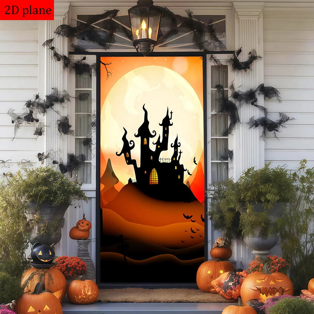 decoracao-de-porta-com-tema-de-halloween-castelo-assombrado-lua-cheia-morcegos-e-paisagem-sinistra-com-faixa-elastica-de-alta-elasticidade
