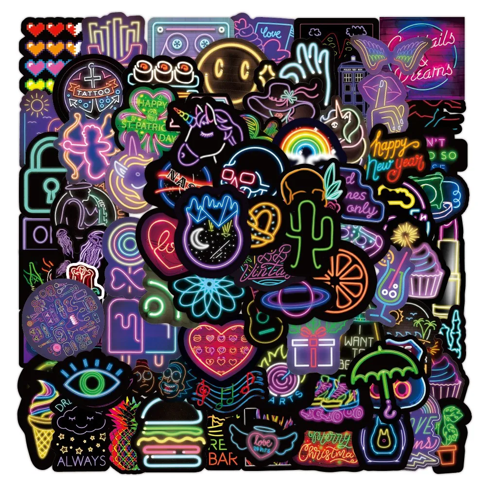 100PCS Neon Light Graffiti Stickers Car Guitar Motorcycle Luggage Suitcase DIY Classic Toy Decal Sticker Peel Joy Sticker Store