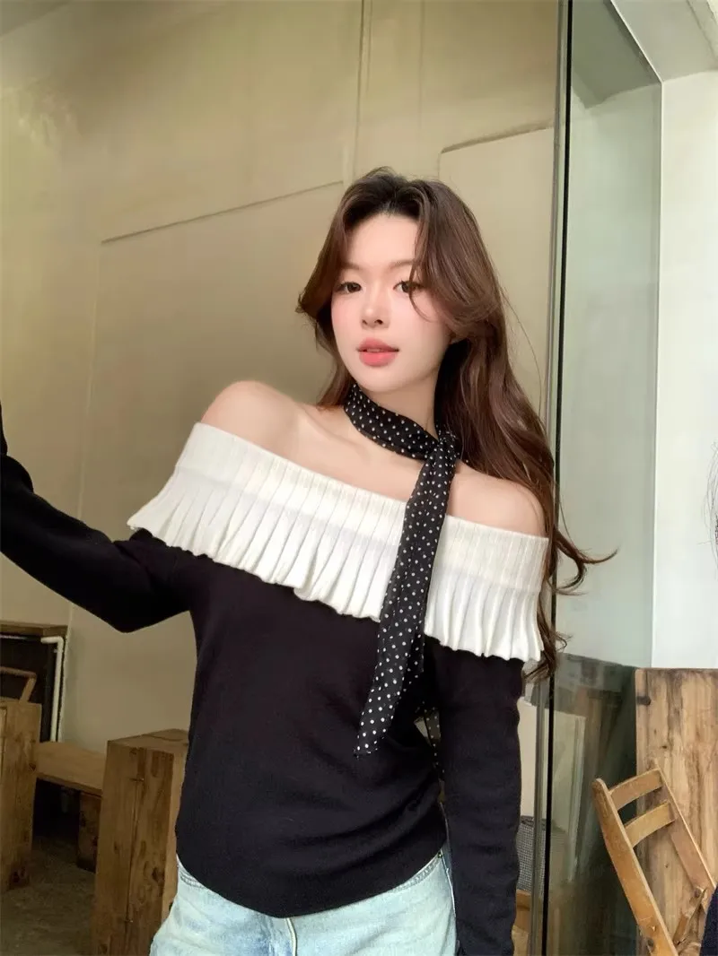 Feminino cor sólida slash neck babados camisola curta pulôver coreano moda chique estilo retro para outono inverno