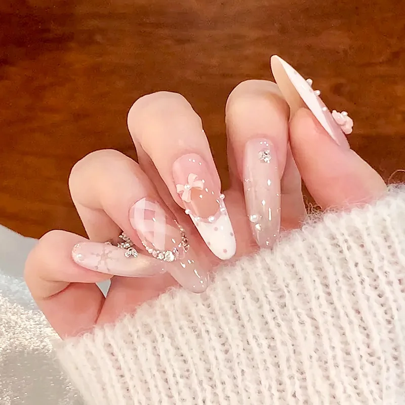 

24 Pcs Spring Long Fake Nail Artificial Rhinestone French Nails Press Ons Realistic 3D Bowknot Decorated False Nails To Stick