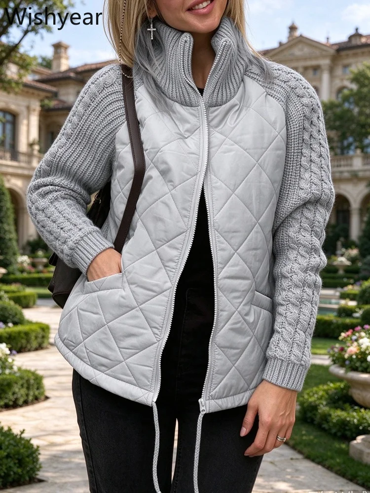 Thickened Cotton Padded Women’s Coat Quilted Puffer Front with Knitted Long Sleeves Casual Warm Outerwear for Cold Weather Work