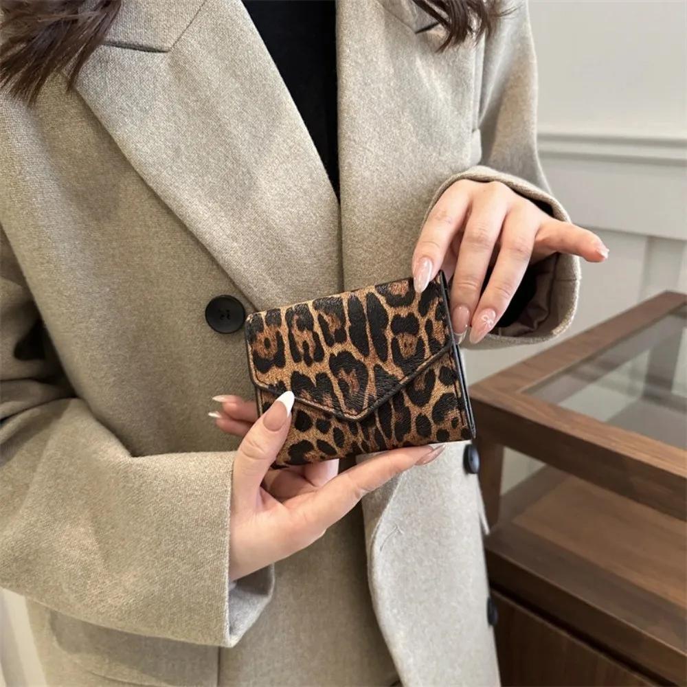 Mini Elegant Leopard Short Wallet Korean Style PU Leather Envelope Clutch Bag Handbag Card Holder Coin Purse Outdoor