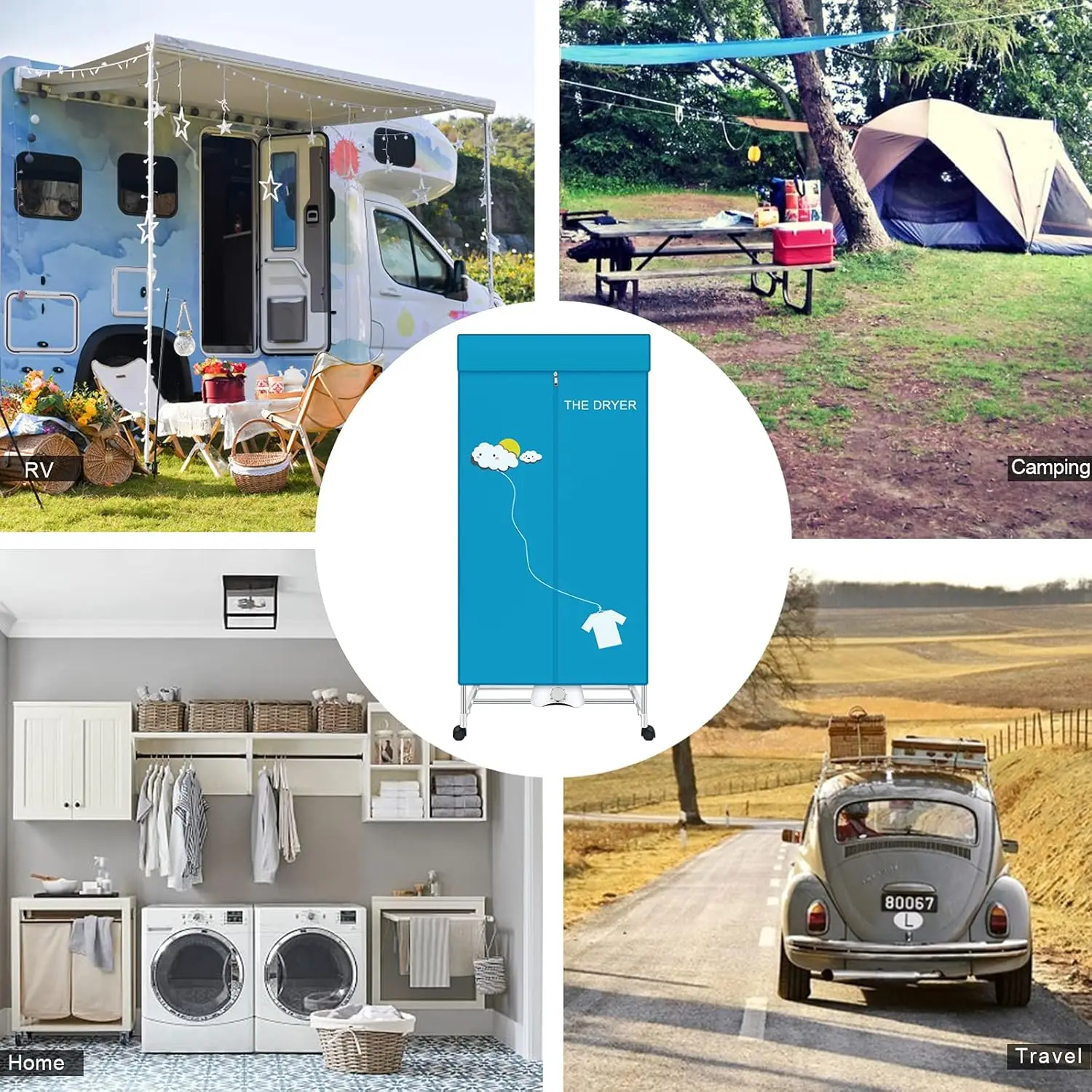 مجفف كهربائي محمول 110 فولت 1000 وات، ستانلس ستيل، أزرق، سعة 15 كجم، تحميل أمامي، قابل للتكديس، مثالي للشقق، RV، Campe